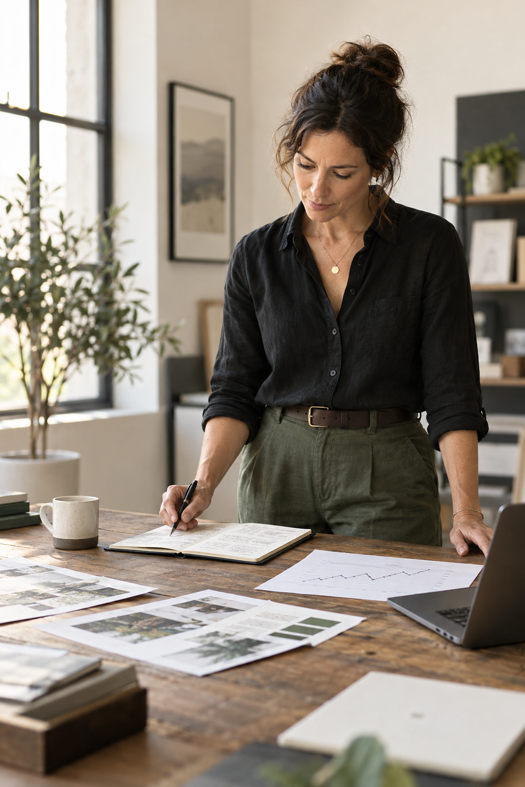 A business owner thoughtfully reviewing information and deciding what comes next